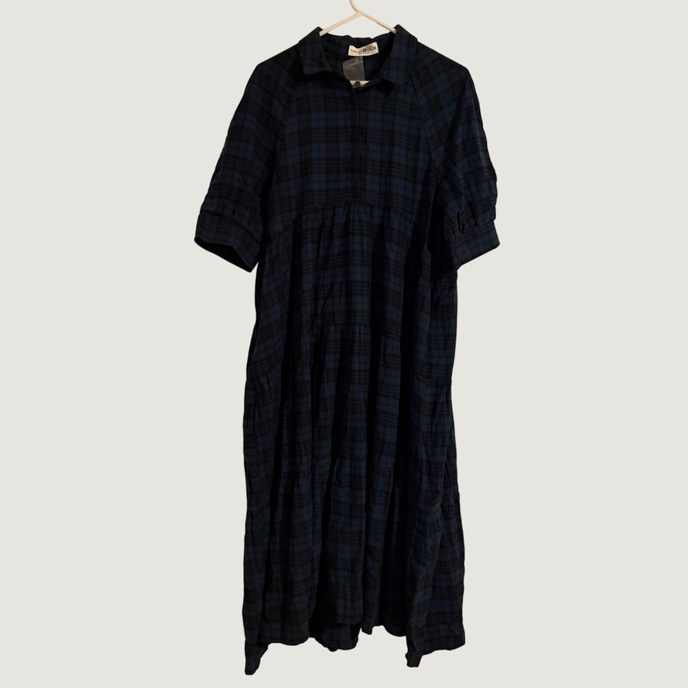 Natural Life Plaid Dress Womens M Navy Blue Black NWT Tiered Cotton Midi